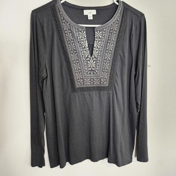 J. Jill Peasant Top Women Size M Gray Embroidered Front Panel Long Sleeve BOHO - Picture 1 of 10